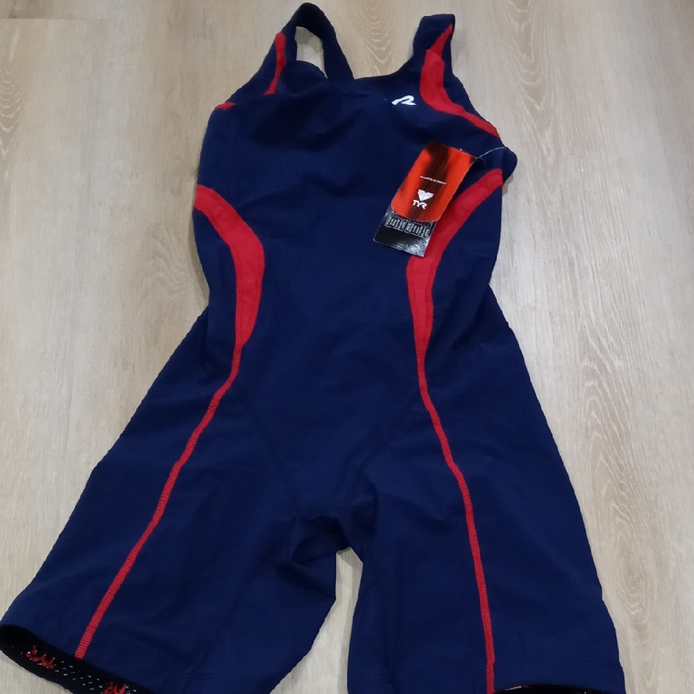 TYR Kids One Piece Swimsuit - Navy and Red Accents NWT